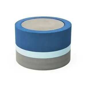 Cylindrisk tube med blå, lyseblå, og grå bånd.