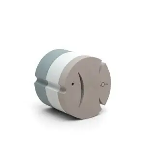 Fiskformet produkt med tre lag i grøn, hvid og beige. Stiliseret ansigt og "Bobles" logo.