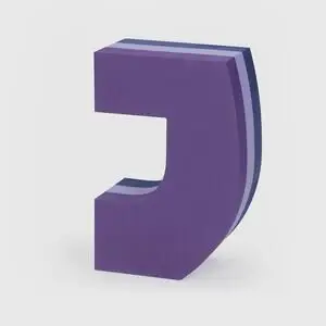 Tumlebogstav formet som "J" i lilla nuancer. Lagdelt udseende, står oprejst på flad base.