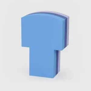 Tumlebogstav formet som "T" med lyseblå front og lilla bagside, to-lags konstruktion.
