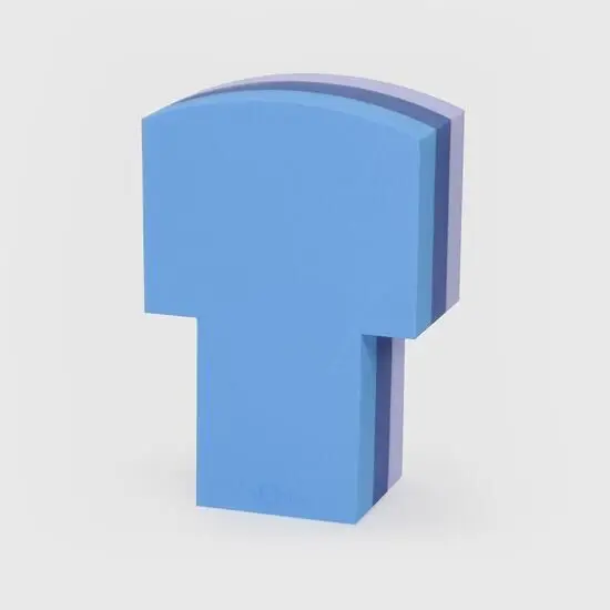 Tumlebogstav formet som "T" med lyseblå front og lilla bagside, to-lags konstruktion.