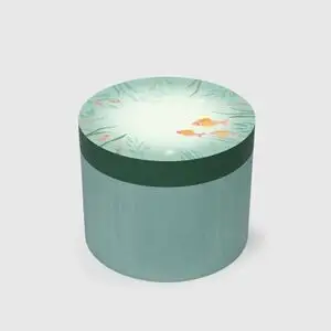 Cylinderformet Bobles med akvatisk illustration af fisk og tang på toppen, grønlig farve.