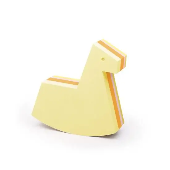 Gul gyngehest med orange og hvide striber, formet som en stiliseret hest.