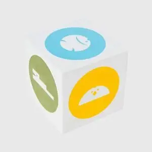 Bobles kube med blå fisk, grøn gaffel og gul taco på farvede cirkler.