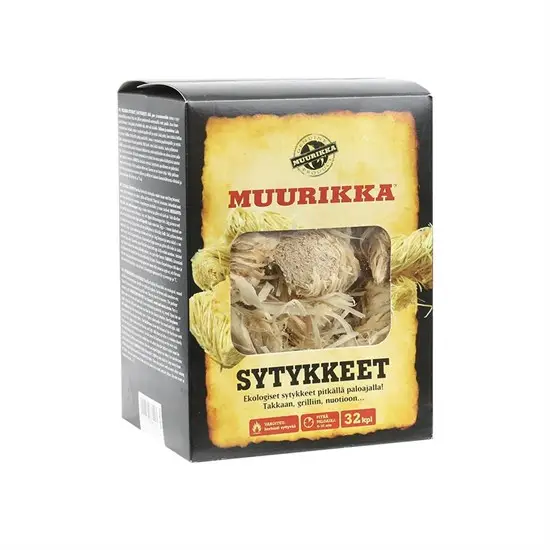 Kasse med 32 økologiske Muurikka optændingsbolde til grill, pejs og bål.