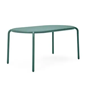 Grøn, oval udendørsbord med midterhul og fire lige ben, 160 cm langt.