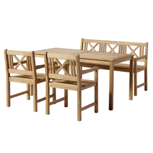 Havemøbelsæt i teak med bord, bænk og to stole. Krydsryg-design og naturlig træfinish.