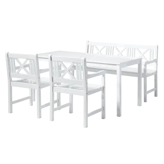 Hvidt havesæt med rektangulært bord, bænk og to stole. Dekorative rygdesigns i ensartet finish.