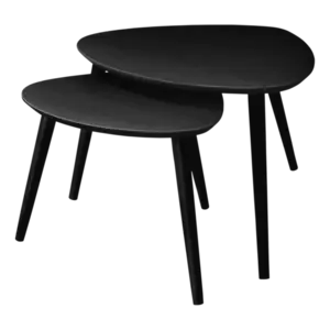 To sorte bambusborde med glat finish, tre ben hver. Det ene bord er større og placeret over det andet.
