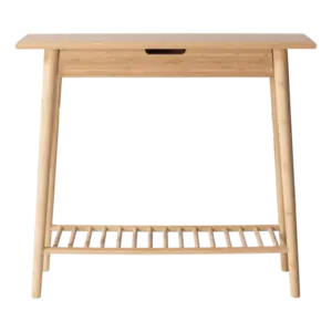 Konsolbord i bambus med skuffe og slatted hylde, perfekte til entré, 90x35 cm, lige ben.