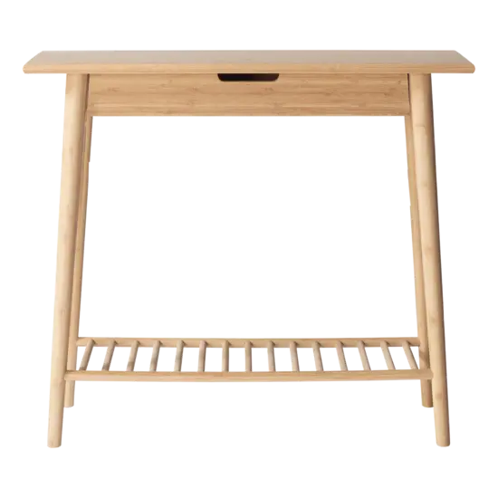 Konsolbord i bambus med skuffe og slatted hylde, perfekte til entré, 90x35 cm, lige ben.