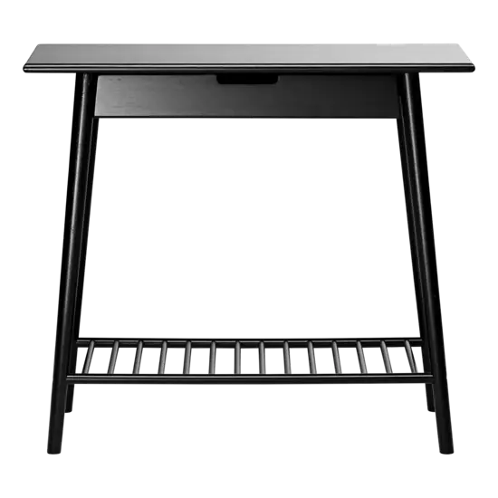 Sort konsolbord med en skuffe, gitterhylde nederst og let skrå ben. Minimalistisk design.