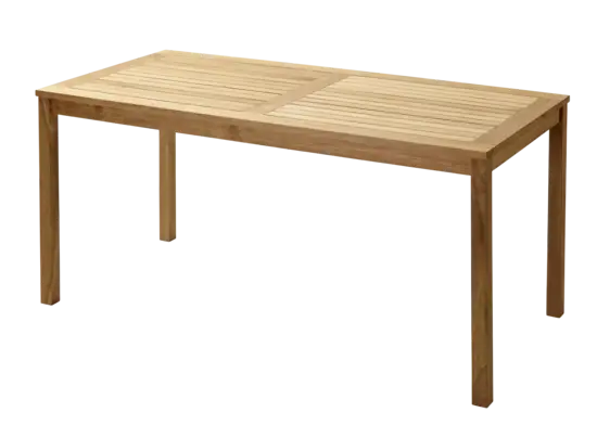 Rektangulært bord i teak med lameltop og lige ben. Enkel udendørs design.