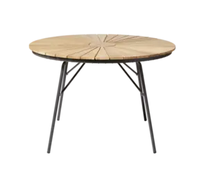 Rundt havebord med lamelbordplade og krydsstøttede ben i antracit og teak.