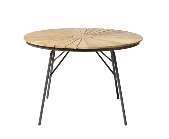 Rundt havebord med lamelbordplade og krydsstøttede ben i antracit og teak.