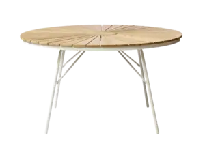 Rundt bord med slatted top i teak, hvidt stel, aluminiumsben og krydsafstivning. Sammenklappeligt.