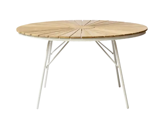 Rundt bord med slatted top i teak, hvidt stel, aluminiumsben og krydsafstivning. Sammenklappeligt.
