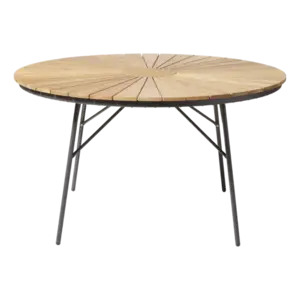 Rundt havebord med trælister og vinklet metalstel for stabilitet, antracit og teak finish.