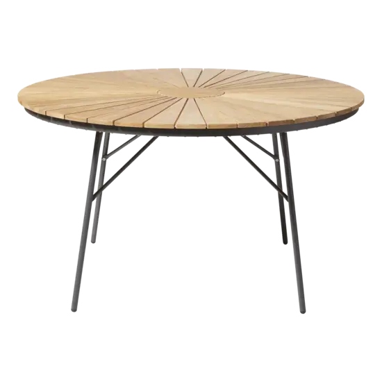 Rundt havebord med trælister og vinklet metalstel for stabilitet, antracit og teak finish.