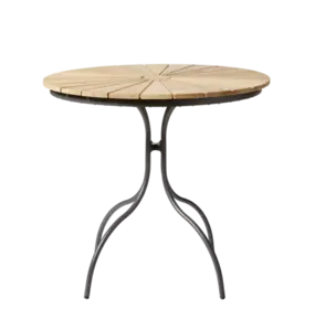 Rundt cafebord med trælammeller og buede metalben. Mål: H74 x Ø80 cm, antracit/teak finish.