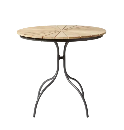 Rundt cafebord med trælammeller og buede metalben. Mål: H74 x Ø80 cm, antracit/teak finish.