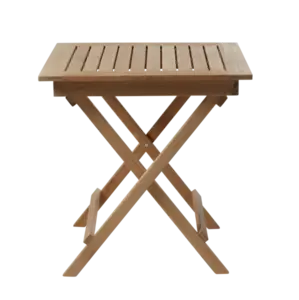 Firkantet foldebord i teak med lameller og krydsede ben, måler 70x70 cm.