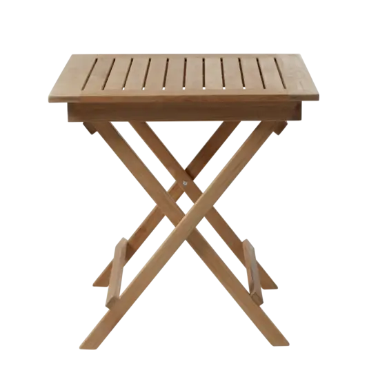 Firkantet foldebord i teak med lameller og krydsede ben, måler 70x70 cm.