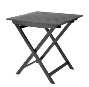 Sort foldebord med kvadratisk top og krydsede ben, mat finish, 70x70 cm.
