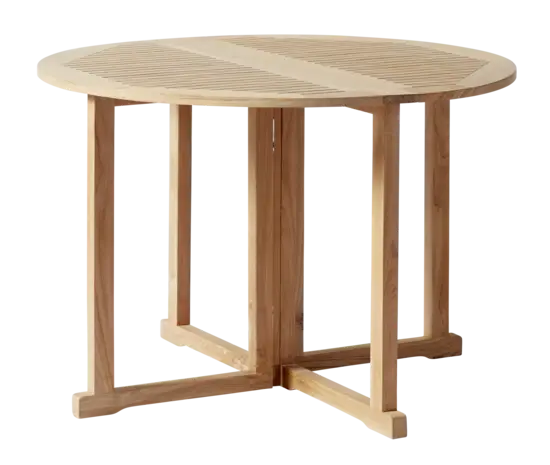 Rundt havebord i lyst træ med lameltop og krydsformet benbase.