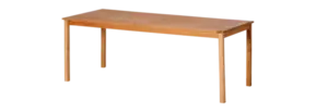Rektangulært teakbord med flad top og fire lige ben, måler 210x90 cm.