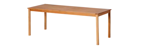 Rektangulært teakbord med flad top og fire lige ben, måler 210x90 cm.