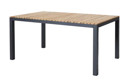 Rektangulært bord med lyse teaktrælister og mørke, firkantede ben i moderne design.