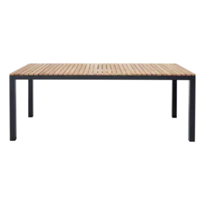Havebord med slatted lys bordplade og mørke, firkantede ben.