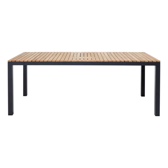 Havebord med slatted lys bordplade og mørke, firkantede ben.