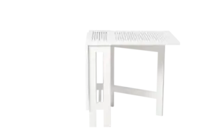 Hvidt klapbord med lameloverflade, rektangulært design. Perfekt til udendørs brug og nem opbevaring.