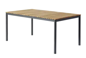 Rektangulært bord med slattet overflade i teak og antracitfarvede ben.