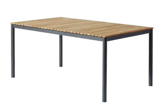 Rektangulært bord med slattet overflade i teak og antracitfarvede ben.