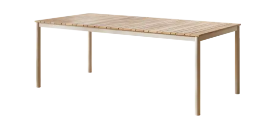 Havebord med trælignende lamelbordplade og kontrasterende lige ben i sandy grey.