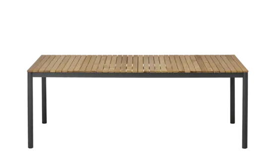 Rektangulært bord med slattede træmønsterplader og mørke, runde ben.