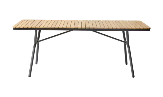 Rektangulært havebord med teaktræsplanker og antracitgråt metalstel, ideelt til udendørs brug.