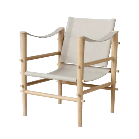 Stol med lys ramme og melange lærred, runde ben og armlæn.