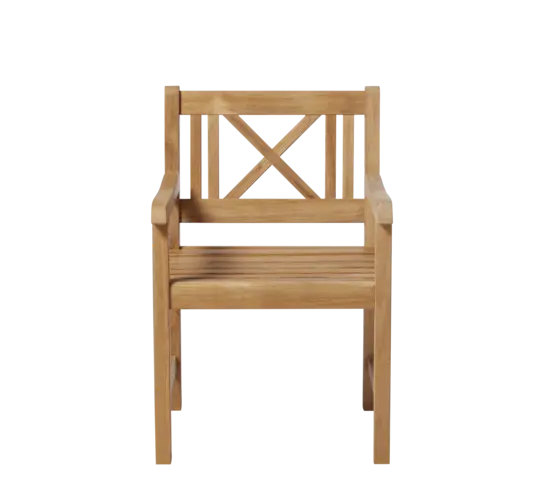 Træstol med rektangulær ryglæn, X-mønster, flade armlæn og lamelsæde i et enkelt design.