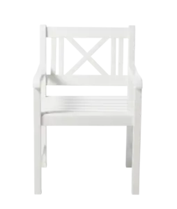 Hvid mahognistol med ryglæn og armlæn, poleret finish, klassisk design.