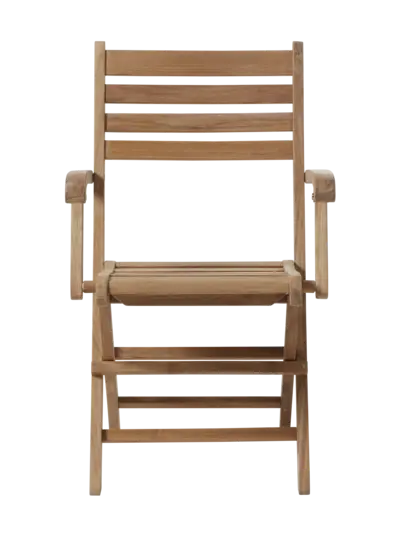 Stol i teak med slatted ryg og sæde, samt armlæn. Enkel og funktionel design.