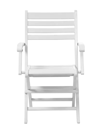 Hvid foldestol med lameldesign og armlæn, lavet af mahogni. Enkel og praktisk til opbevaring.