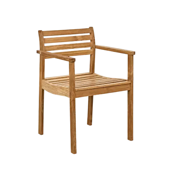 Træstol med lamel-sæde og ryglæn, lige armlæn og fire ben. Mål: B56 x D53 x H79 cm.
