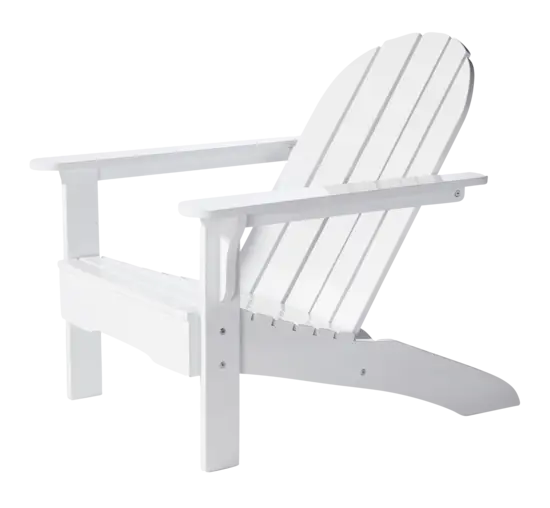 Hvid Adirondack stol med klassisk lameldesign, brede armlæn og let tilbagelænet for afslappet siddekomfort.