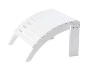 Hvid Adirondack fodskammel i mahogni med buet lameloverflade og synlige skruer, minimalistisk design.