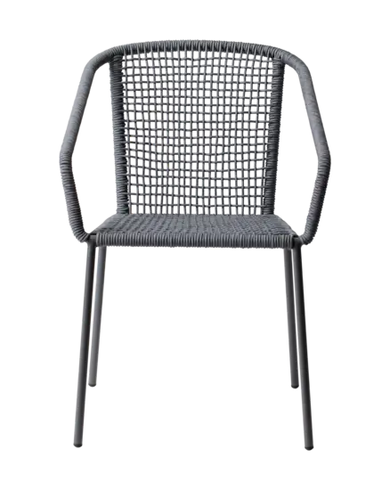 Grå stol med flettet sæde og ryglæn, minimalistisk aluminiumsramme og stabelbar funktion.