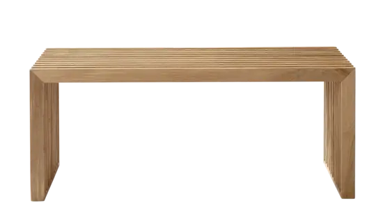Bænk med lameldesign i sædet, enkel struktur og træfinish. Perfekt til minimalistisk indretning.